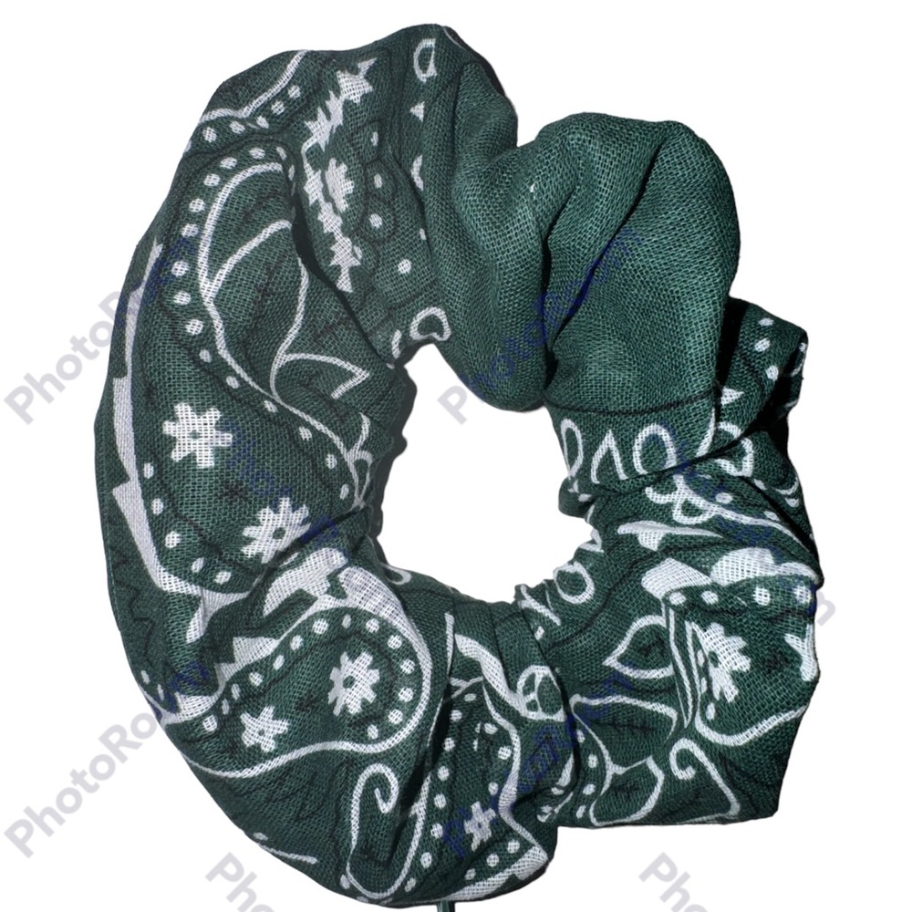 Bandana print dark green zipper hair scrunchie hand made USA cotton blend summer